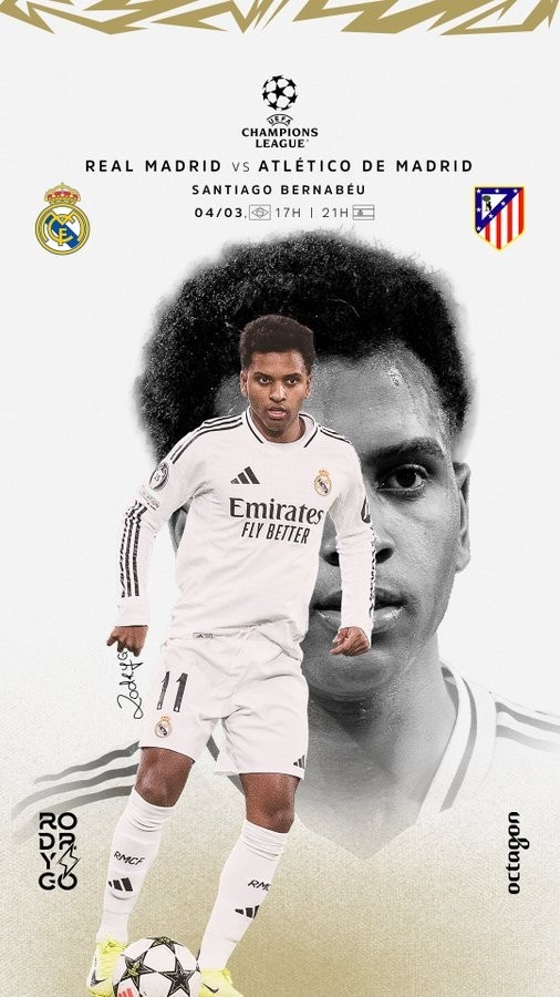 歐冠馬德里德比！羅德里戈曬個(gè)人海報(bào)：伯納烏見，HALA MADRID