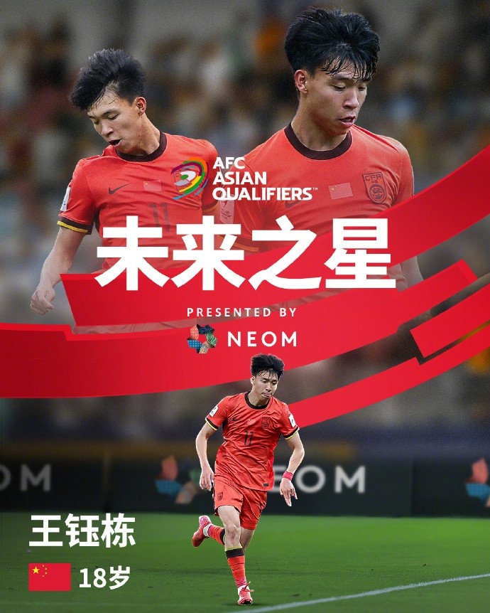 亞洲杯官方社媒發(fā)布王鈺棟個人海報：青年軍的旗幟，飄揚在前哨